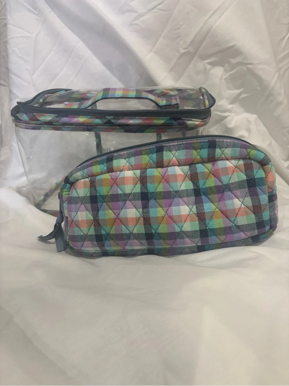 Vera Bradley 2 piece - Clear Cosmetic Case with Pastel Plaid Pouch